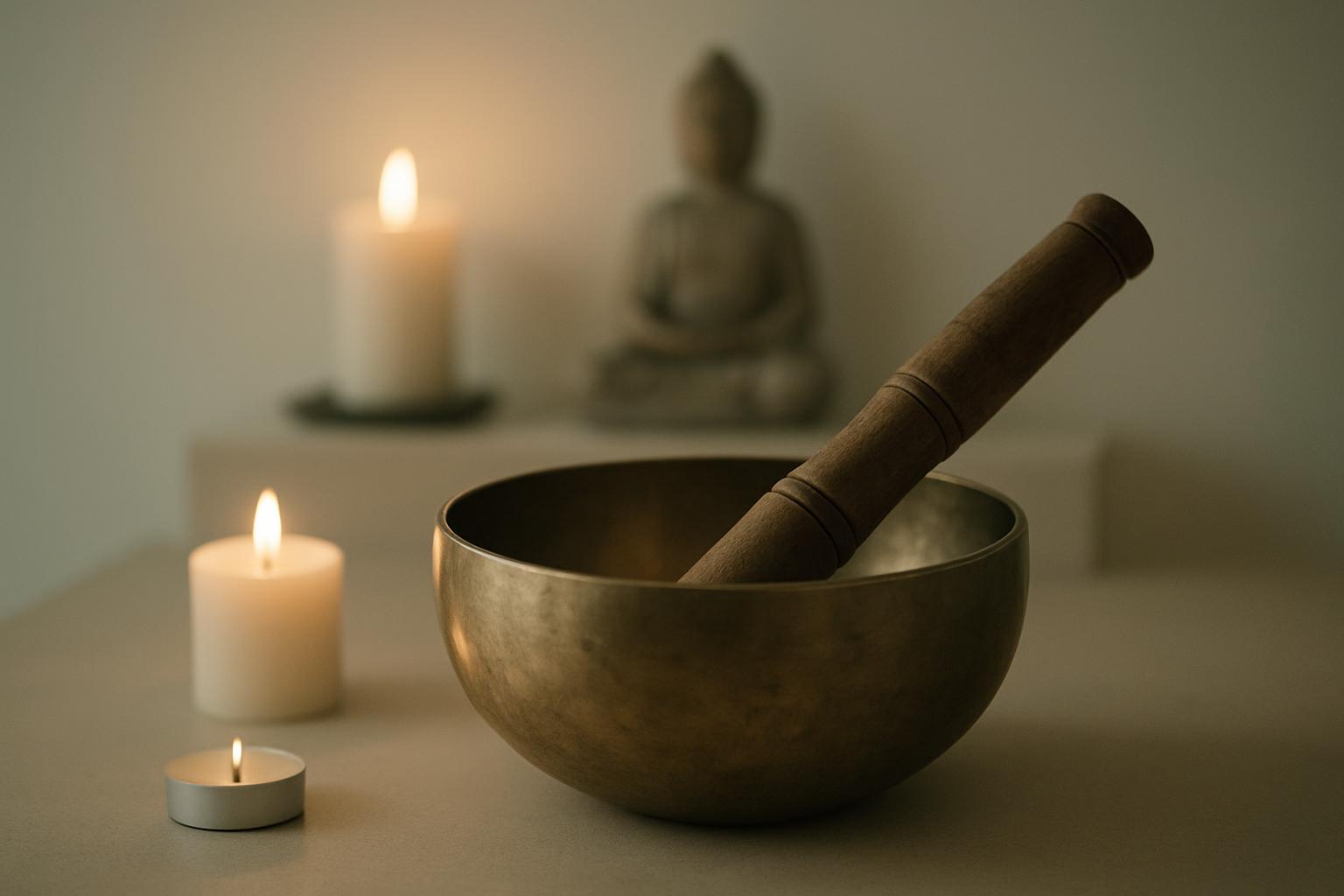 A golden singing bowl and mallet are prominently displayed, with two lit candles and a Buddha statue blurred in the backgr...