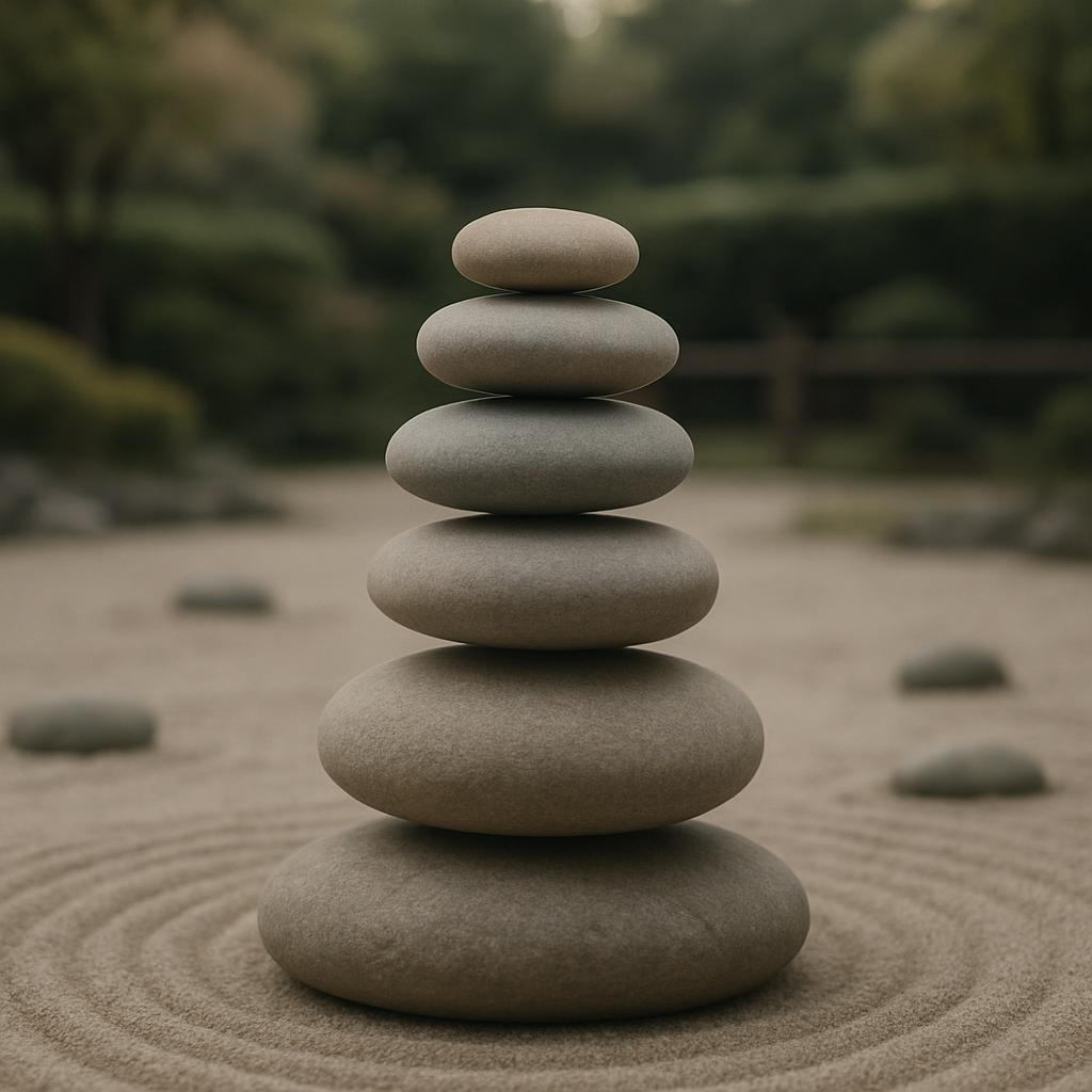 A serene scene featuring gray-colored stones arranged in a stacked formation atop a bed of raked sand, evoking a sense of ...