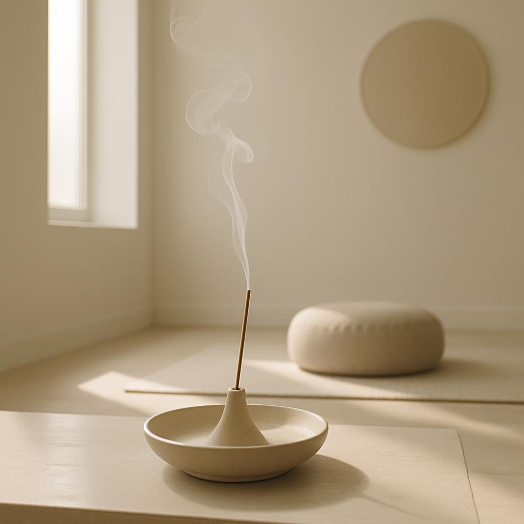 An incense burner on a table in a minimalist room with a bowl nearby for the ash.